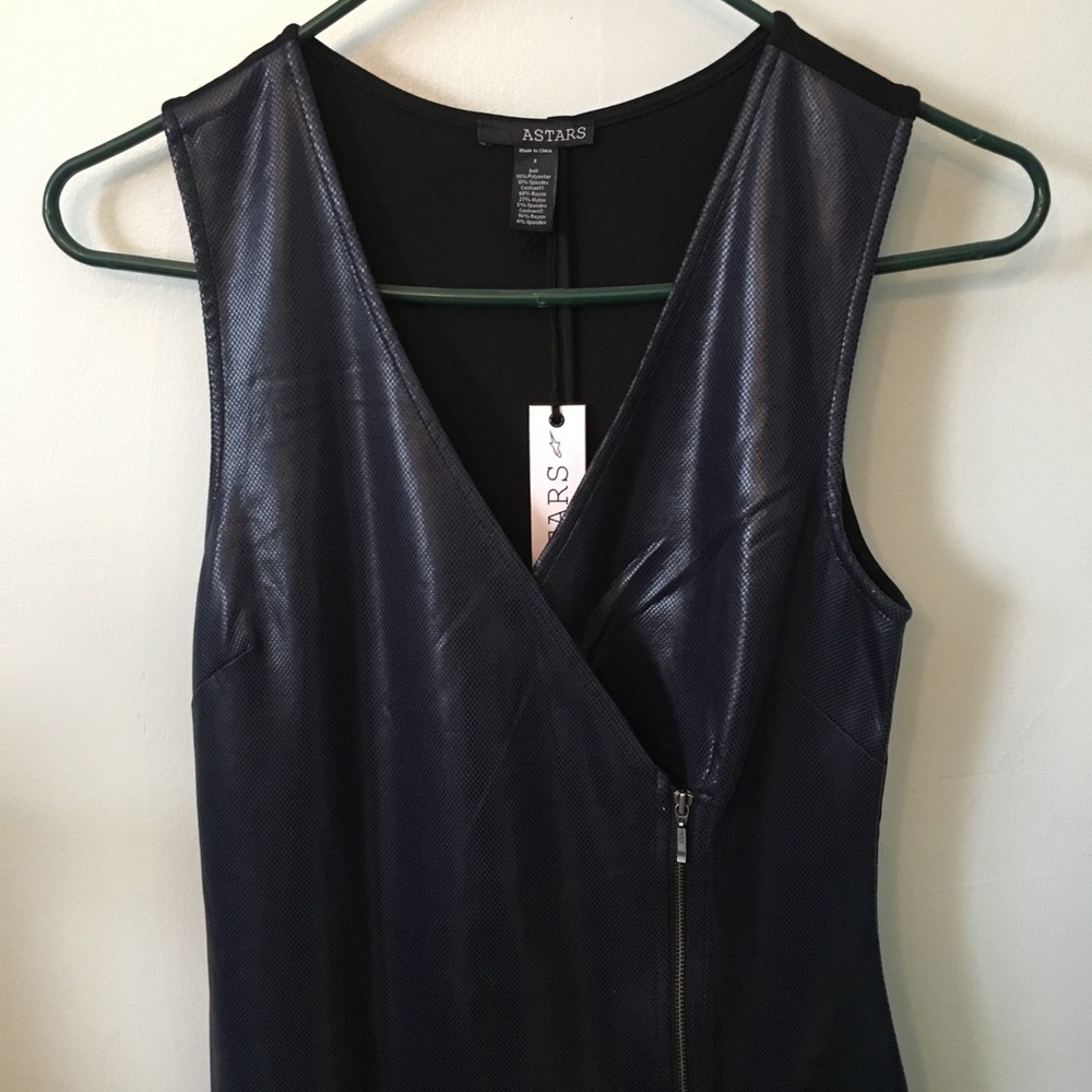 ASTARS Vegan Leather Midi Dress Navy Black Asymmetrical Zip Sleek Minimalist S - Picture 3 of 4